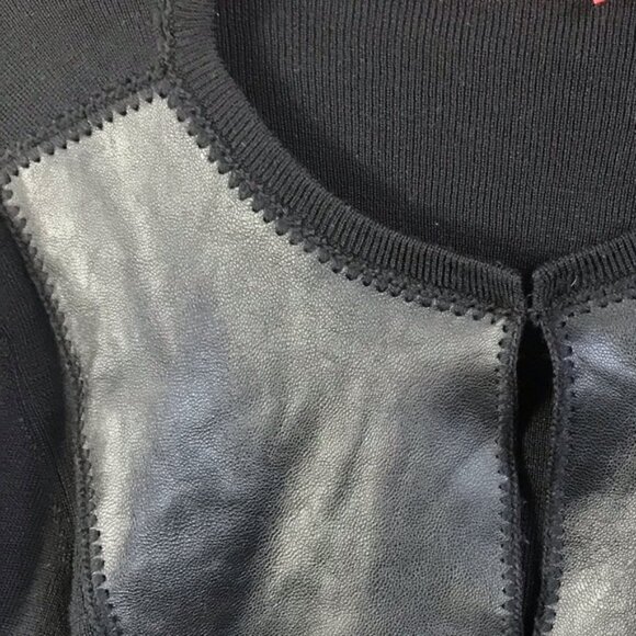 Anne Klein Vintage Y2K Wool Leather Cardigan Sweater Jacket Top Soft Black XL - Picture 5 of 16